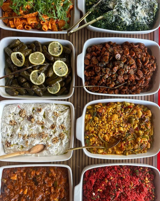 Mezze von oben in weißen Schalen: gefüllte Weinblätter, Bohnen, Haydari mit Walnüssen und mehr